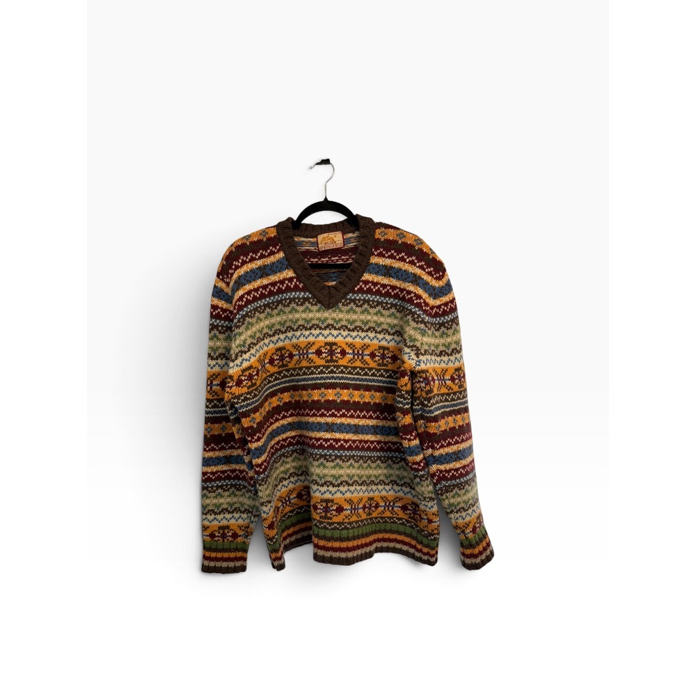 Springfield Mens Fair Isle Wool Blend V-Neck Sweater Brown Multi Size XL